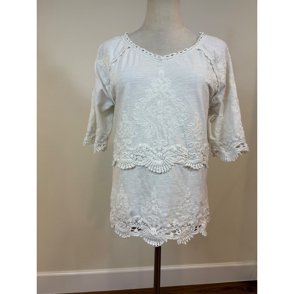 Sundance Embroidered Top M White Boho Crochet Cotton Cottagecore Peasant coastal